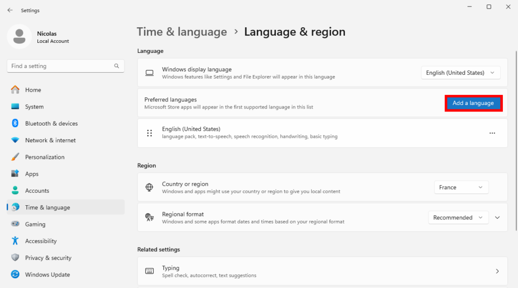 Au niveau de Preferred languages (Langues préférées), cliquez sur Add a language (Ajouter une langue).