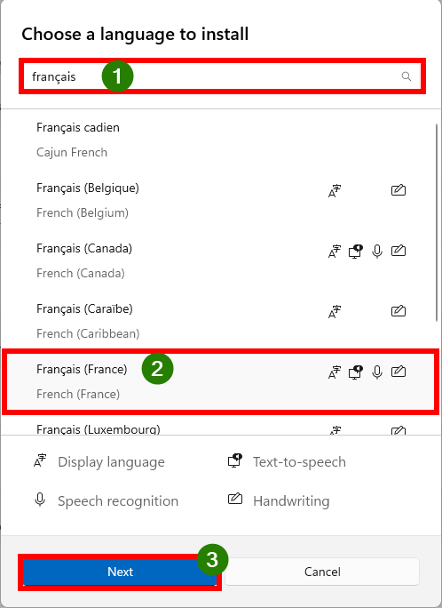 Chercher nouvelle langue à installer
