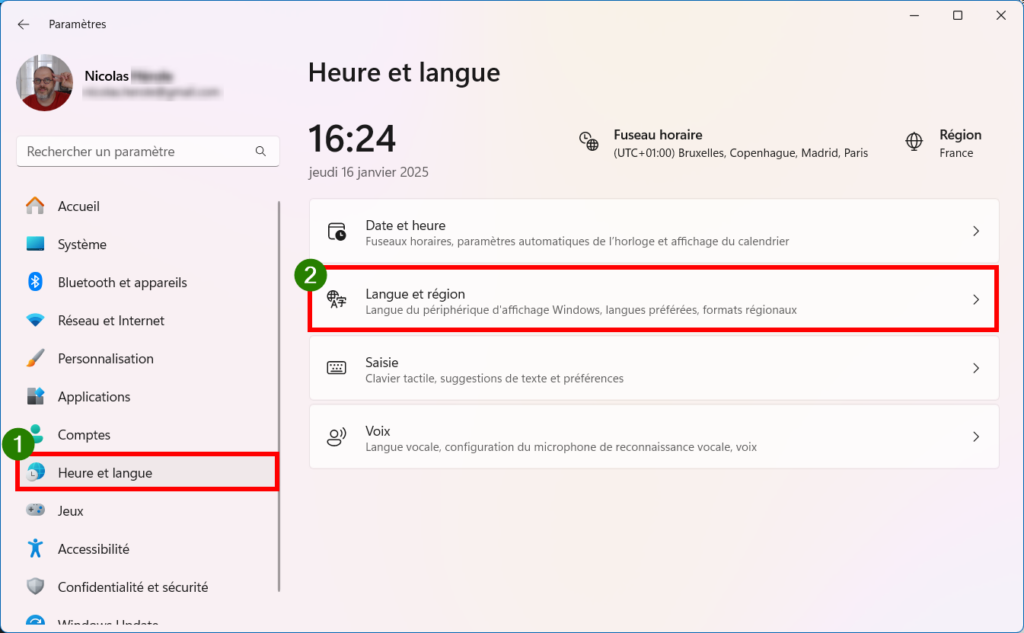 allez dans Heure et langue puis dans Langue et région.