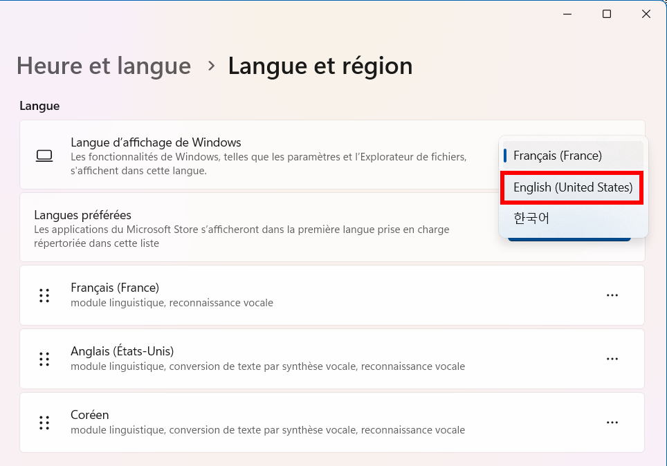 Choisir la langue d'affichage de Windows.