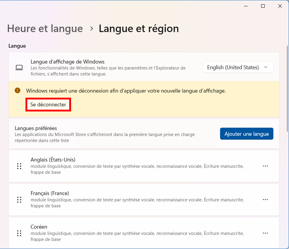 Se déconnecter et ouvrir une nouvelle session Windows.