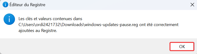 éditeur du registre Windows mentionnant l'ajout des clés au registre.