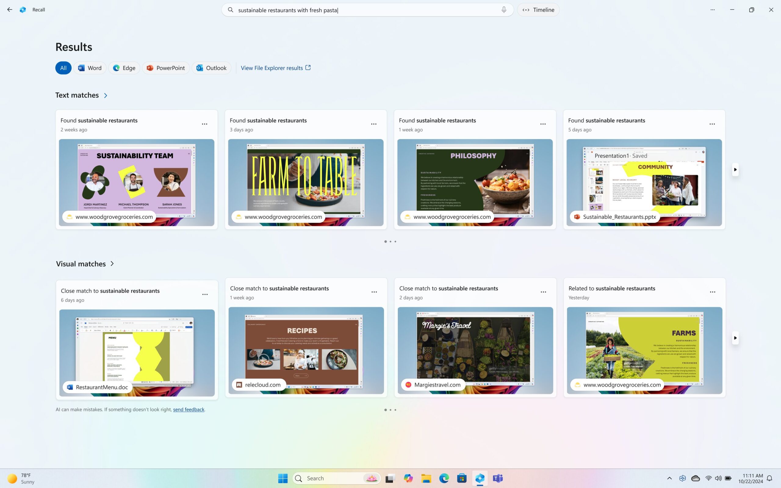 Exemple de résultats de recherche sur Recall (Image : Microsoft).