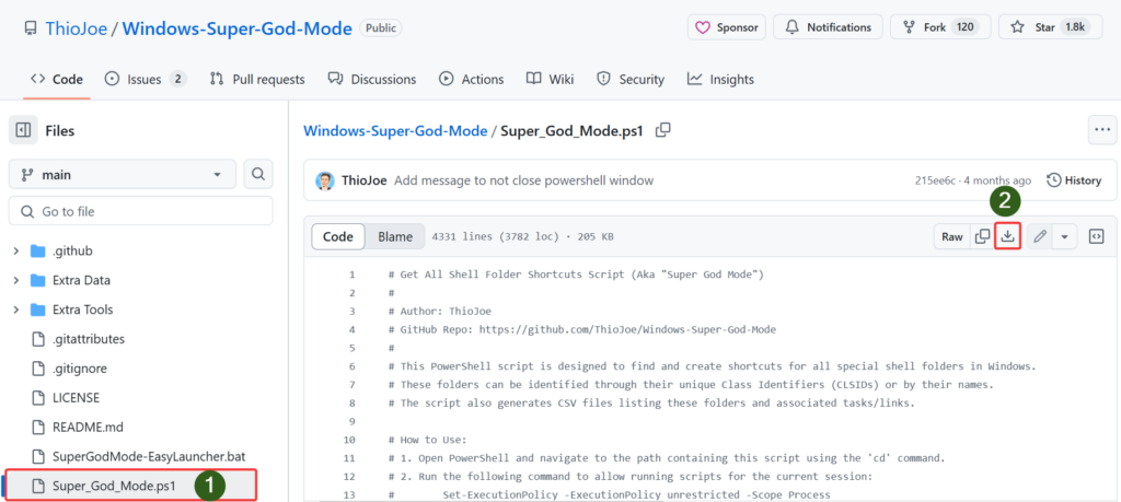 Page git hub téléchargement super-god-mode.pS1
