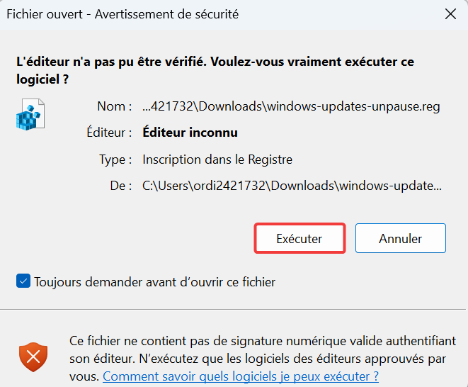 Fenêtre d'execution de Windows Update unpause