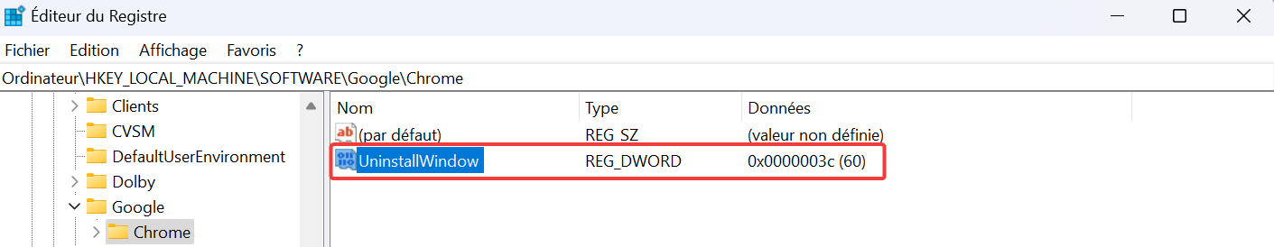 Dans la base du registre, la valeur UninstallWindow apparait modifiée et indique la valeur de 60 jours.