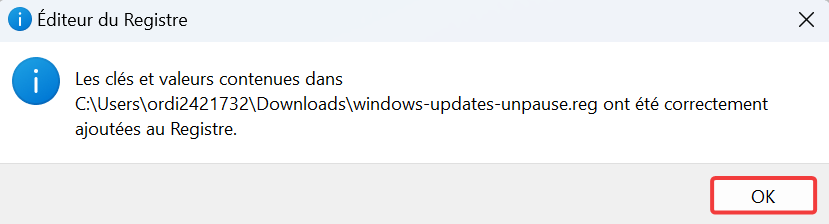 Pop-up confirmant les modifications apportées à l'Éditeur du Registre