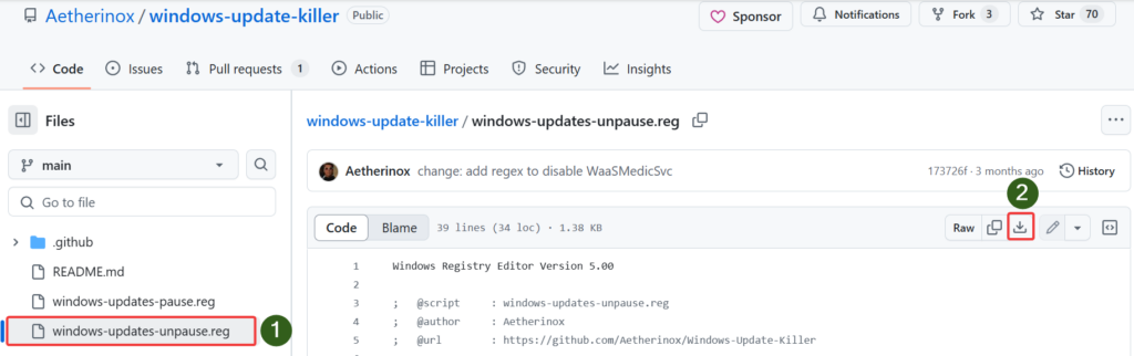 Page GitHub du fichier windows-update-unpause.reg