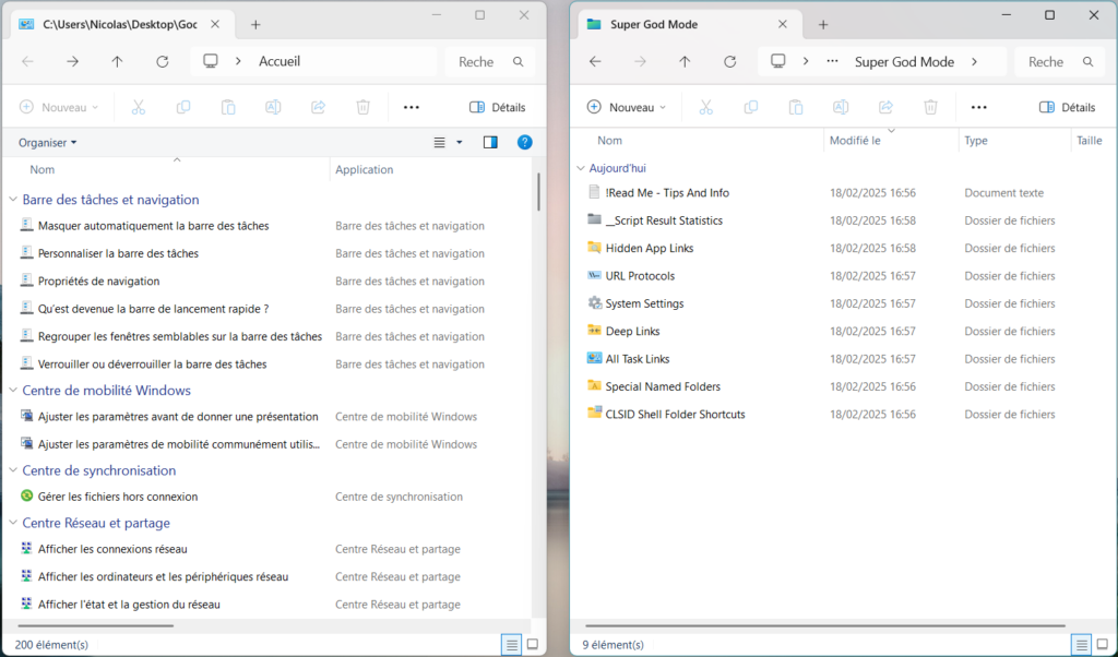 GodMode de Windows (à gauche) VS Super Gode Mode (à droite)