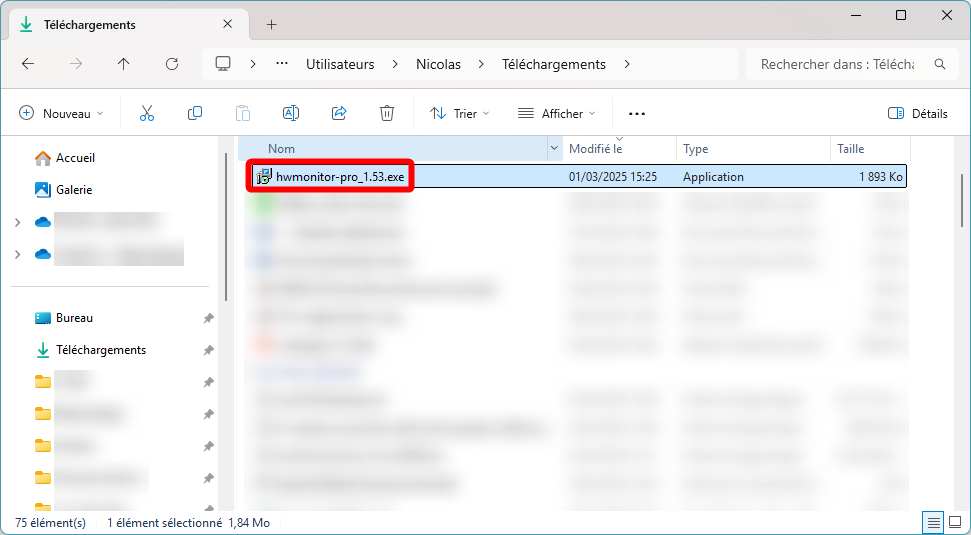 Téléchargements, cliquez sur hwmonitor-pro_1.53.exe