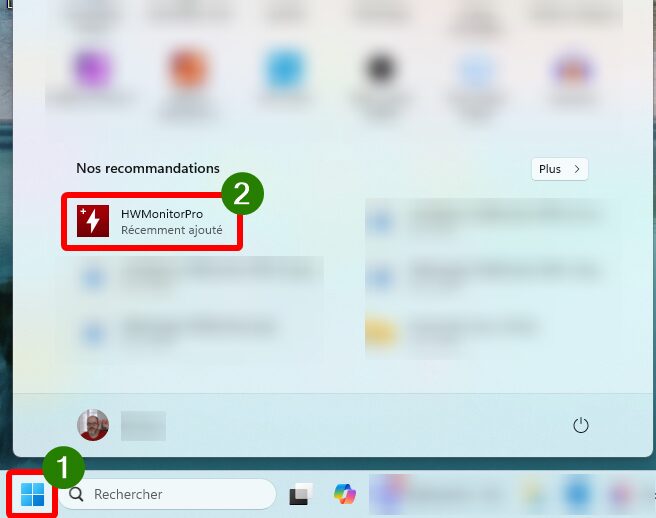 Menu Démarrer pour lancer HWMonitorPro