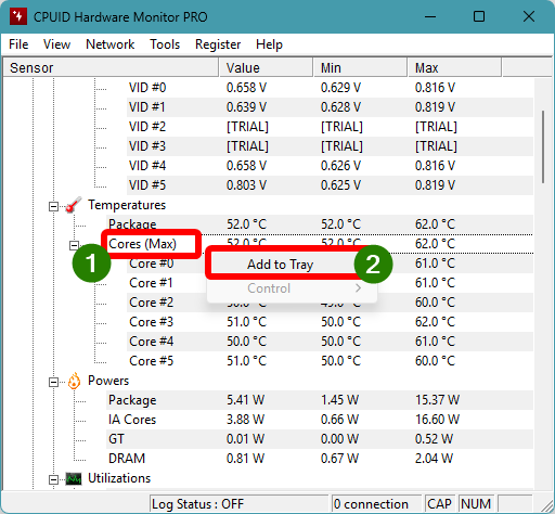 HWMonitor Pro, faire clic-droit sur Cores et cliquer sur Add to Tray