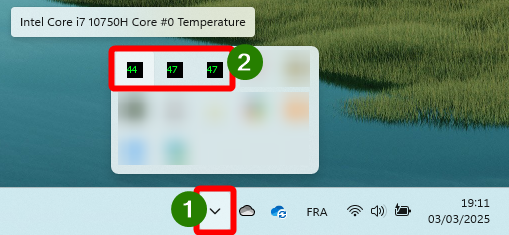 Retrouver les températures de HWMonitor dans les icônes cachés de la barre des tâches de Windows.