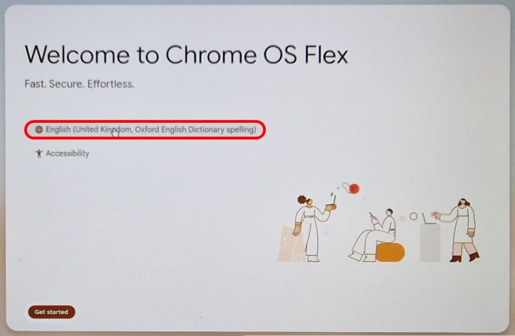 ChromeOS Flex, cliquer sur English pour changer de langue