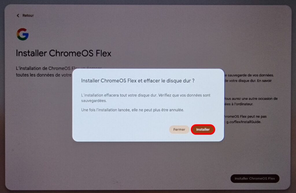 Confirmer installation de ChromeOS Flex