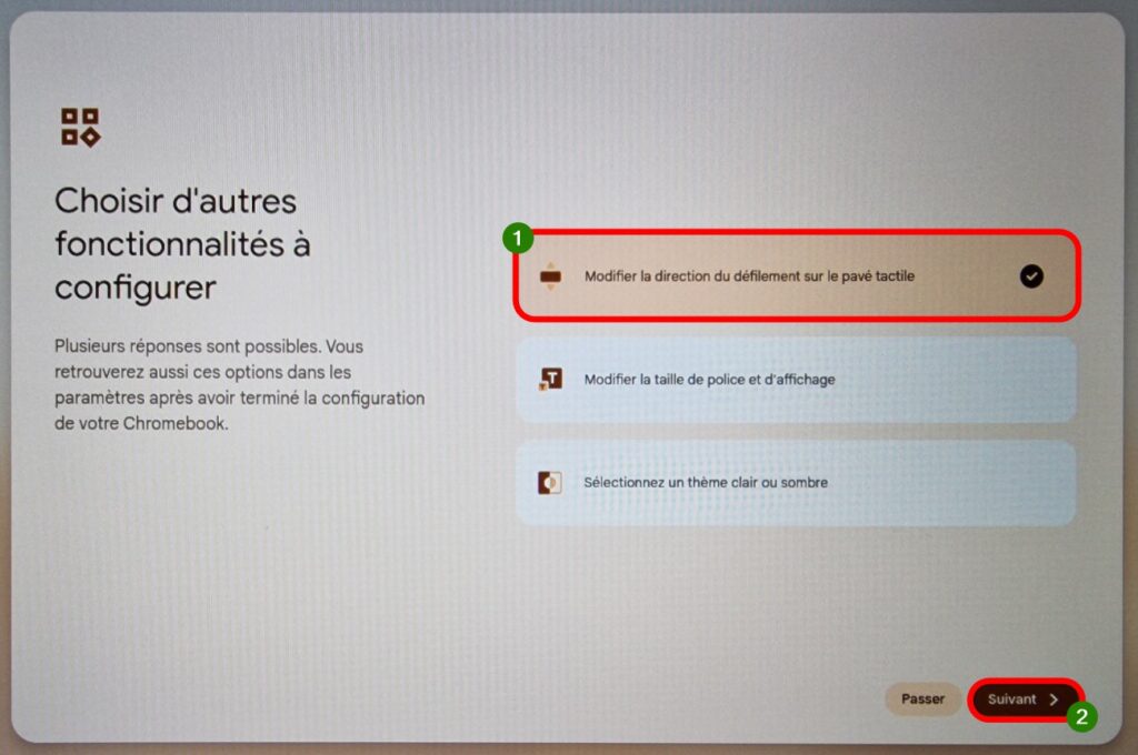 Autres options pour configurer ChromeOS Flex, je modifie la direction de défilement sur le pavé tactile