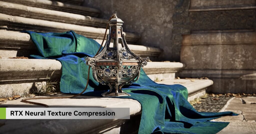 RTX Neural Texture Compression : vidéo de démonstration - Un tissu et une lanterne très détaillés.