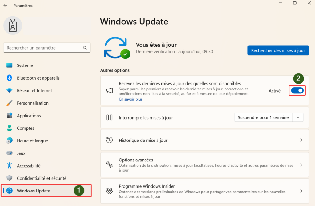 Comment faire les mises à jour sur Windows 11 ? Activation de la réception automatique des mises à jour dans Windows Update.