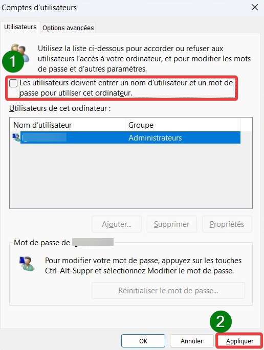 supprimer le mot de passe au démarrage du PC- décocher case