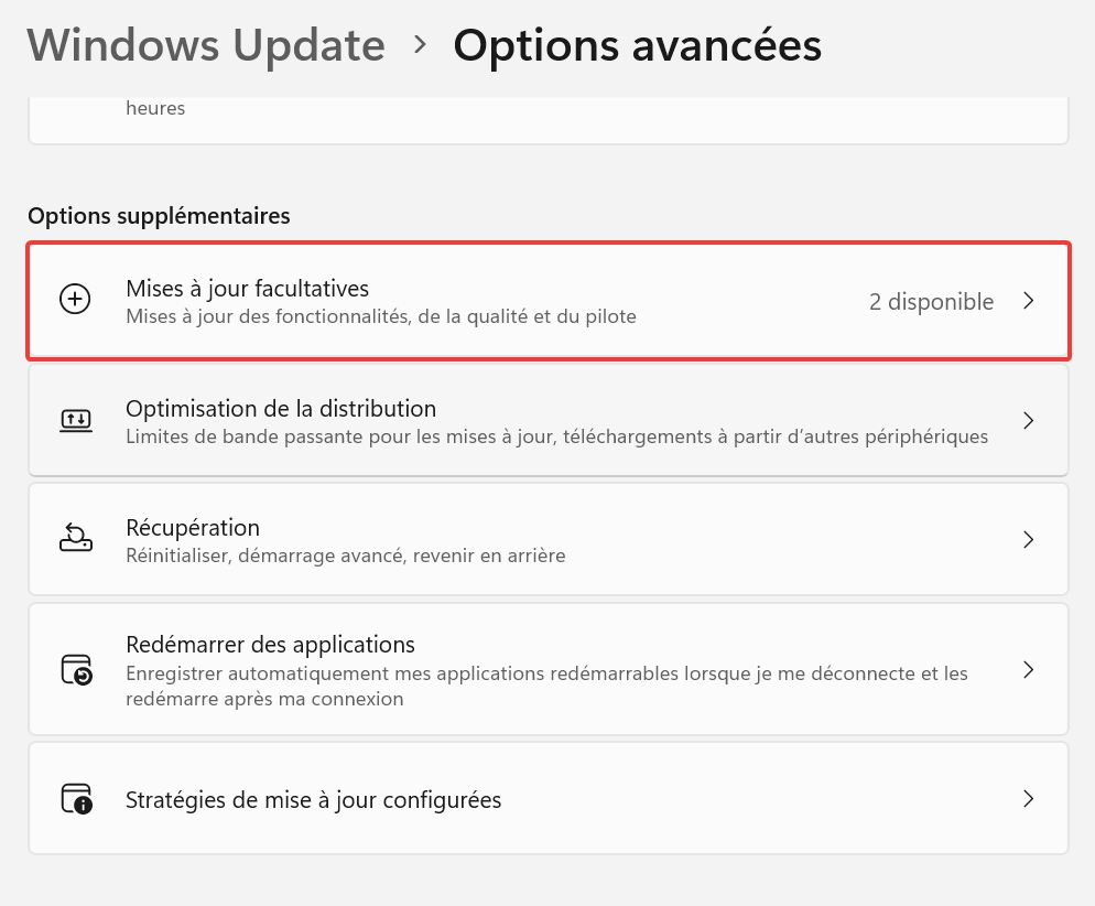 Comment mettre à jour Windows 11 ? Menu mises à jour facultatives.