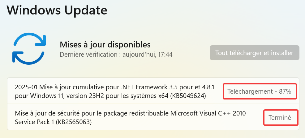Comment faire les mises à jour sur Windows 11 ? - Indicateur de progression du téléchargement et dei l’installation des mises à jour.