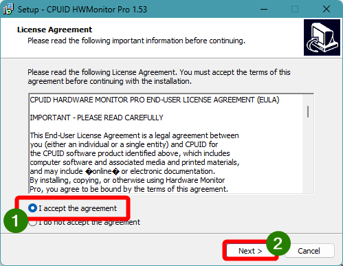HWMonitor, Accepter les termes du contrat et Next
