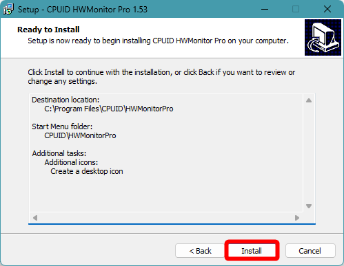 Vérifiez les paramètres d'installation, puis faites Install pour lancer l'installation.