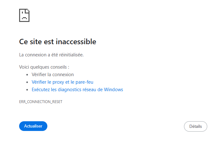 Message d'erreur : Ce site n'est pas accessible.