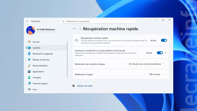 Windows 11 : activer la récupération rapide de la machine (Quick Machine Recovery)