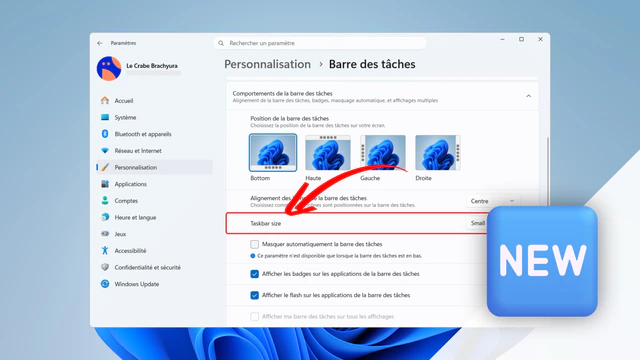 Windows 11 26H2 : un nouveau paramètre pour modifier la taille de la barre des tâches