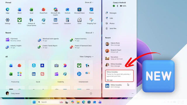 Windows 11 : le menu Démarrer affichera les messages et notifications de votre smartphone